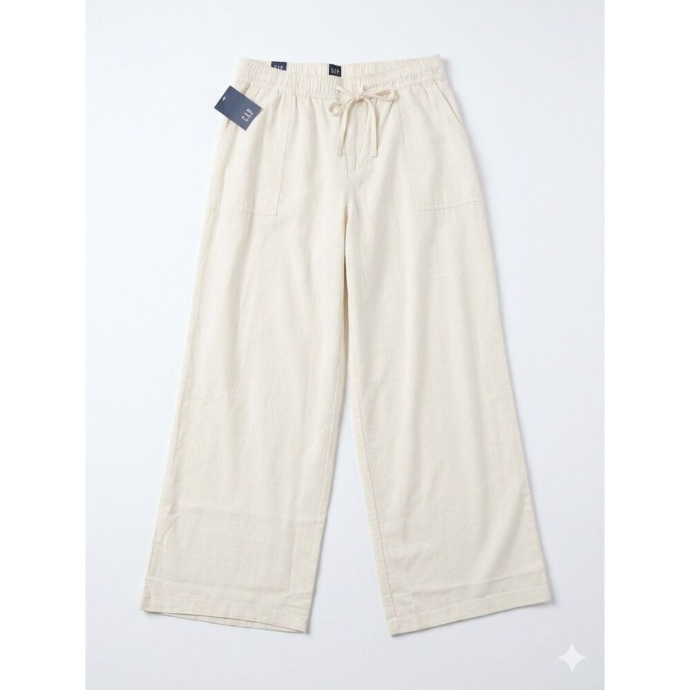 Gap Linen Blend Pants Womens Large White Wide Leg Drawstring Pull On Casual